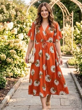 Ann Taylor Factory Orange Floral Wrap-Style Maxi Dress - Size S